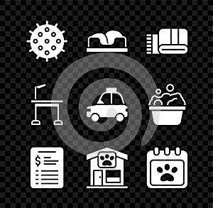 Set Tennis ball, Pet bed, Towel stack, Grooming salon price list, grooming, Calendar, table and car taxi icon. Vector