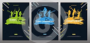 Set of Tennis Championship banners, design with player and racquet on dark background. Vector illustration.