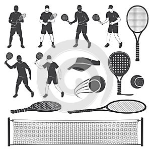 Set of tennis and paddle tennis equipment silhouettes. Vector illustration.