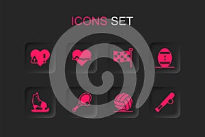 Set Tennis racket with ball, Heart rate, Volleyball, American Football, Baseball bat, Checkered flag and Skates icon