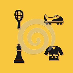 Set Tennis racket, Kimono, Chess and Football shoes icon with long shadow. Vector