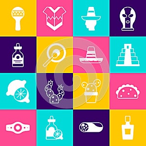 Set Tequila bottle, Taco with tortilla, Chichen Itza in Mayan, Mexican man sombrero, Gong, Maracas and icon. Vector