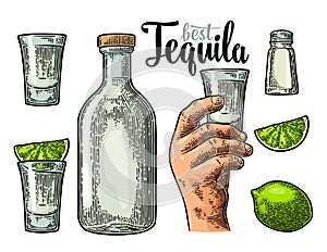 Set tequila. Hand hold glass, bottle, salt, lime whole and slice. photo