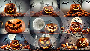 Set of terrifying Halloween pumpkins surrounded by bats, caravels, ghosts, skeletons and candy. 9 images from generative AI