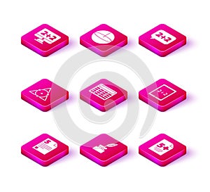 Set Test or exam sheet, Feather and inkwell, Triangle math, Calculator, Tablet with calculator, Equation solution and