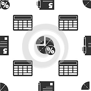 Set Test or exam sheet and pen, Graph, schedule, chart, diagram and Calculator on seamless pattern. Vector