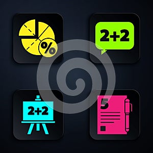 Set Test or exam sheet and pen, Graph, schedule, chart, diagram, Chalkboard and Equation solution. Black square button