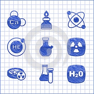 Set Test tube, Chemical formula H2O, Radioactive, with toxic liquid, Helium, Atom and Mineral Ca Calcium icon. Vector