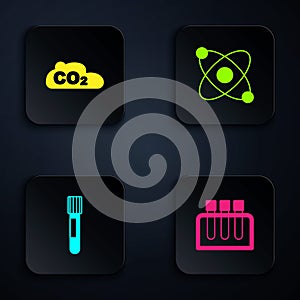 Set Test tube, CO2 emissions in cloud, and Atom. Black square button. Vector