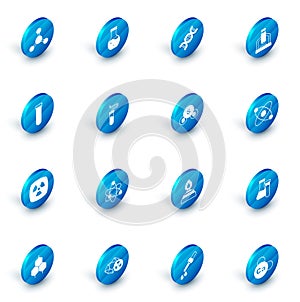 Set Test tube, DNA symbol, Microscope, Radioactive, Atom and Sulfur dioxide SO2 icon. Vector