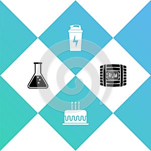 Set Test tube and flask, Cake with burning candles, Fitness shaker and Wooden barrel rum icon. Vector