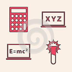 Set Test tube and flask, Calculator, XYZ Coordinate system and Equation solution icon. Vector photo
