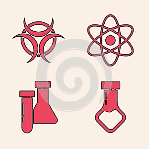 Set Test tube and flask chemical, Biohazard symbol, Atom and Test tube and flask chemical icon. Vector