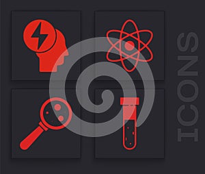 Set Test tube and flask chemical, Head and electric symbol, Atom and Microorganisms under magnifier icon. Vector