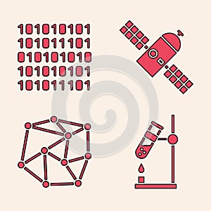 Set Test tube flask on fire, Binary code, Satellite and Neural network icon. Vector