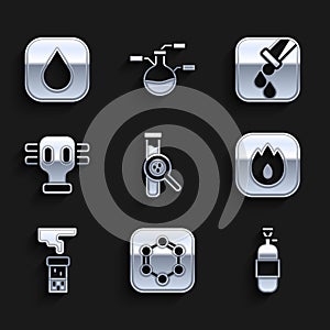 Set Test tube and flask, Formula of benzene rings, Propane gas tank, Fire flame, Gas mask, and Water drop icon. Vector