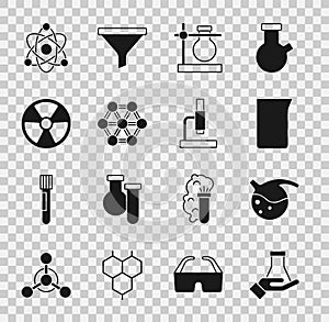 Set Test tube and flask, Laboratory glassware or beaker, on stand, Molecule, Radioactive, Atom and Microscope icon