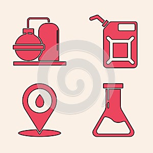 Set Test tube and flask, Oil and gas industrial factory building, Canister for gasoline and Refill petrol fuel location