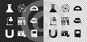 Set Test tube and flask, Solar system, Protractor, Magnet, Calendar first september date, Book, Table lamp and Office