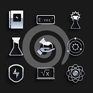 Set Test tube and flask, Square root of x glyph, Atom, Solar system, Secure shield with lightning, and Electrical panel