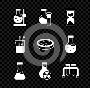 Set Test tube flask on stand, Old hourglass, with toxic liquid, Laboratory glassware and Petri dish bacteria icon