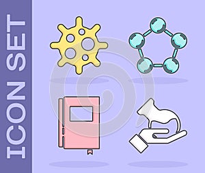 Set Test tube and flask, Virus, Book and Molecule icon. Vector