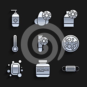 Set Test tube with virus, Medicine bottle and pills, Medical protective mask, Virus, Bar of soap, thermometer, Bottle