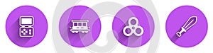 Set Tetris electronic game, Passenger train cars toy, Fidget spinner and Sword icon with long shadow. Vector