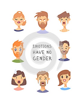 Set of text and girl and boy. Cartoon style emotional characters. Vector illustration men and women and quote EMOTIONS HAVE NO