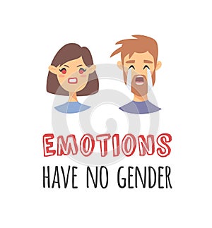 Set of text and girl and boy. Cartoon style emotional characters. Vector illustration men and women and quote EMOTIONS HAVE NO