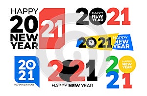 Set of 2021 text logo design. Happy new year label. Business decoration sign. Brochure design template, card, banner, postcard.