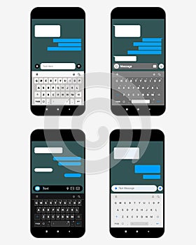 Set of text message boxes on smartphone screen with qwerty keyboard.