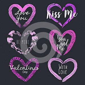 Set of 6 textured shapes of heart. Happy Valentine`s Day. Creative frames. Grunge. Holiday in February. Love