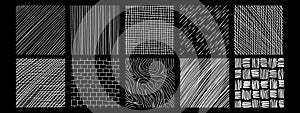 Set of textures with different hand drawn patterns. Vector scribble, horizontal and wave strokes collection.