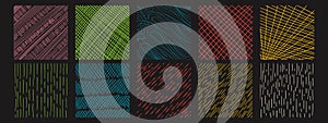 Set of textures with different patterns. Vector scribble, horizontal and wave strokes collection.