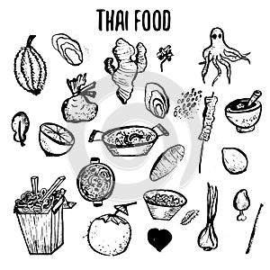 Set of Thai food hand drawn rough doodles.