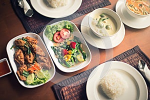 Set of thai food popular menu on wooden table in the restaurant