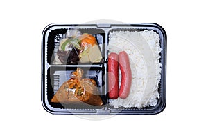 Set of thai food take away  top view  sausage on rice and clear soup with tofu minced por , red curry with beef  in plastic box