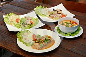 Set of Thai foods and Asian Food on wood table