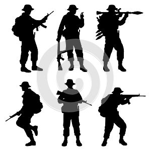 Set of Thailand black rangers forces men with his weapon silhouette vector