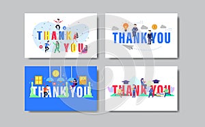 Set of thank you slide presentation template with tiny people illustration with joy, happiness, business theme