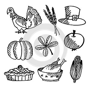 Set of thanksgiving black sketches, objects photo