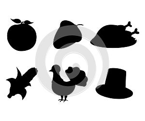 Set of Thanksgiving Day Apple, Acorn, Turkey, Corn, Hat icon.