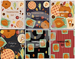 Set of Thanksgiving Day vector posters with cute Thanksgivings symbol set. Turkey, pumpkin, berry pie, tea, pumpkin cheesecake,