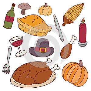 Set of thanksgiving dinner hand draw elements, roast Turkey, pumpkin, corn, pilgrim hat, wine, fork and spoon vector