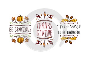 Set of Thanksgiving elements and text on white background