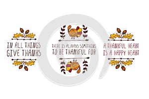 Set of Thanksgiving elements and text on white background