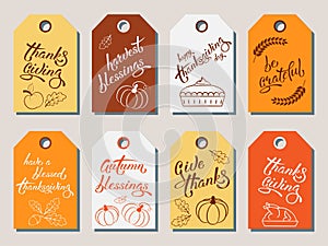 Set of thanksgiving tags for holiday design with lettering