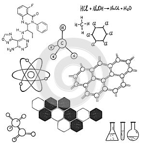 Set on the theme of science and chemistry. Black outline on a white background. Hand-drawn.