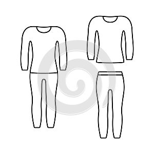 Set of thermal underwear, compression suit. Unisex pants, longsleeve. Black illustration of elastic garment for winter sport,